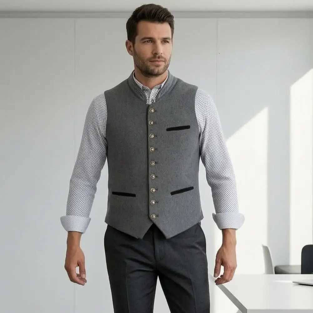 Vest Men's Oktoberfest Vests Men Traditional Costume Waistcoat Stand-Up Collar Button-up Gilet Retro Sleeveless Jacket for Wedding PartyW261017