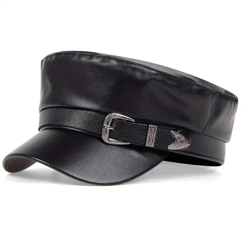 Fashion Women Large Belt Buckle Leather Hat Spring Autumn Sailor Hats Black Ladies Beret Caps Men Flat Top Captain Military Caps261016