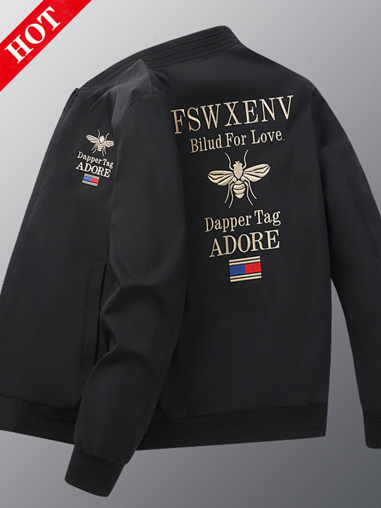 Men Trendy High End White Bee Embroidered Baseball Jacket European Style Handsome Casual Coat Soft Comfortable Fashion Daily Street Outerwear For Me