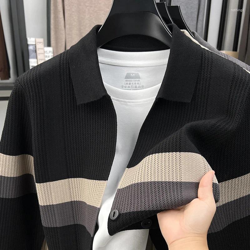 High End Brand Knitted Striped Men's Sweater Cardigan Casual Pocket Autumn Style Luxury Comfort Button Fashion Lapel Coat