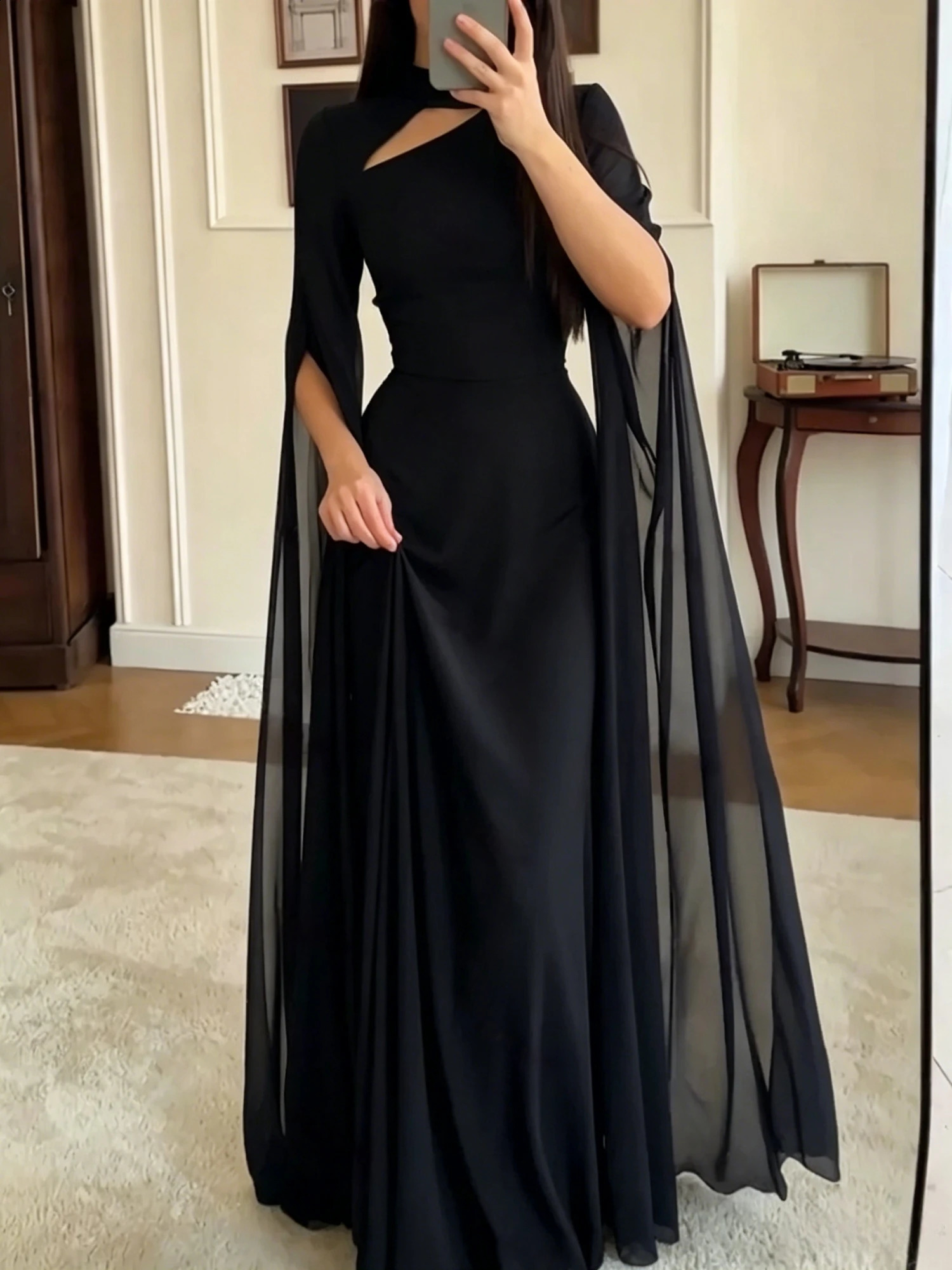 Elegant Black High Neck Cutout Cape Dress - High Waist Chiffon Floor Length Gown For Evening Wedding Party Banquet Wear 261017