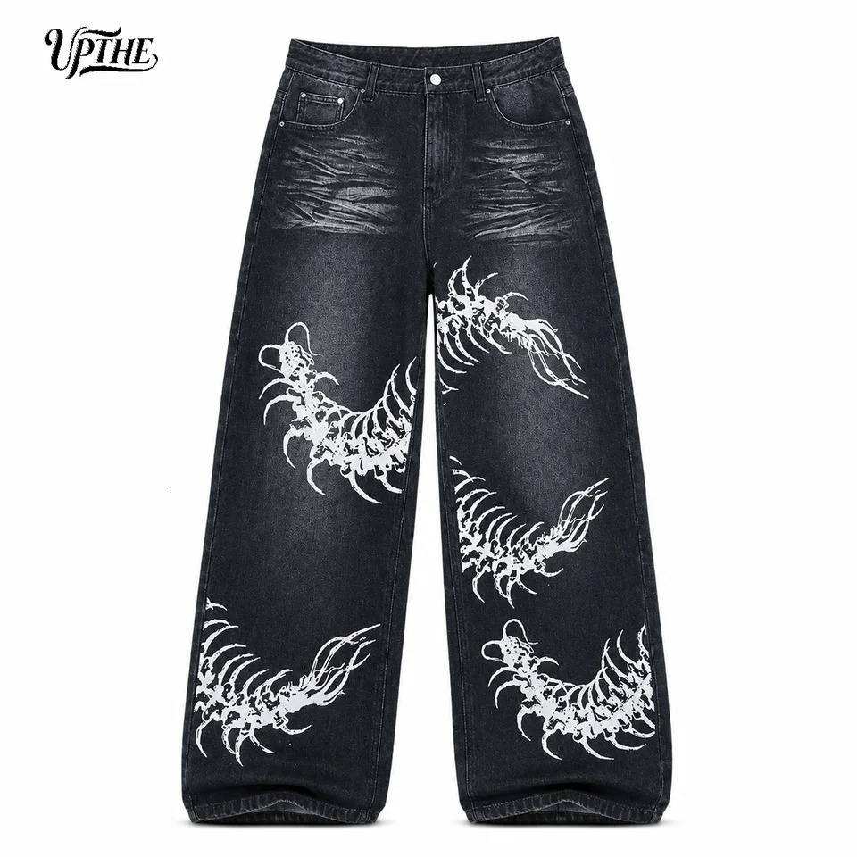 UP.THE Men Black Faded Baggy Wide Leg Jeans Y2K Oversized Loose White Centipede Skeleton Print Denim Pants Gothic Grunge Streetwear Trousers for Dai