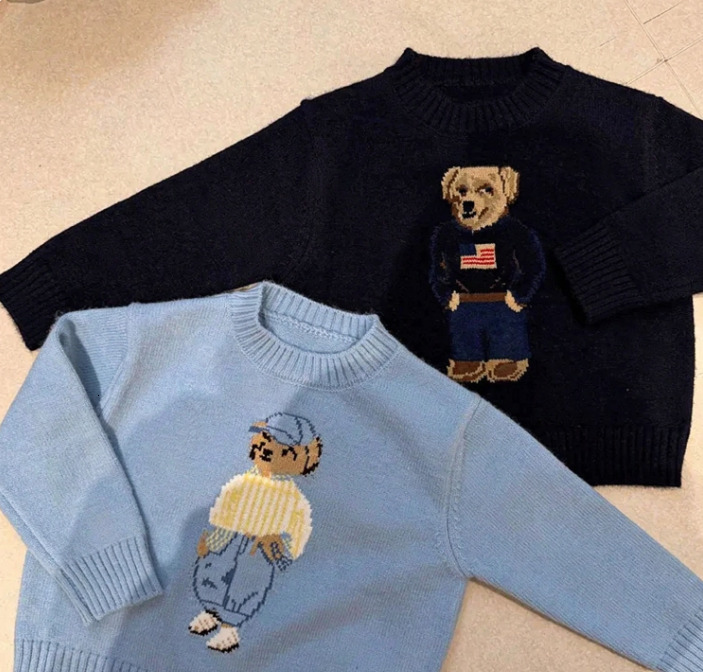 Kids Embroidered Bear Pullover Sweater, Spring Autumn Casual Loose Knit Jumper, Long Sleeve Soft Warm Knitwear for Boys Girls Toddler Children Cloth