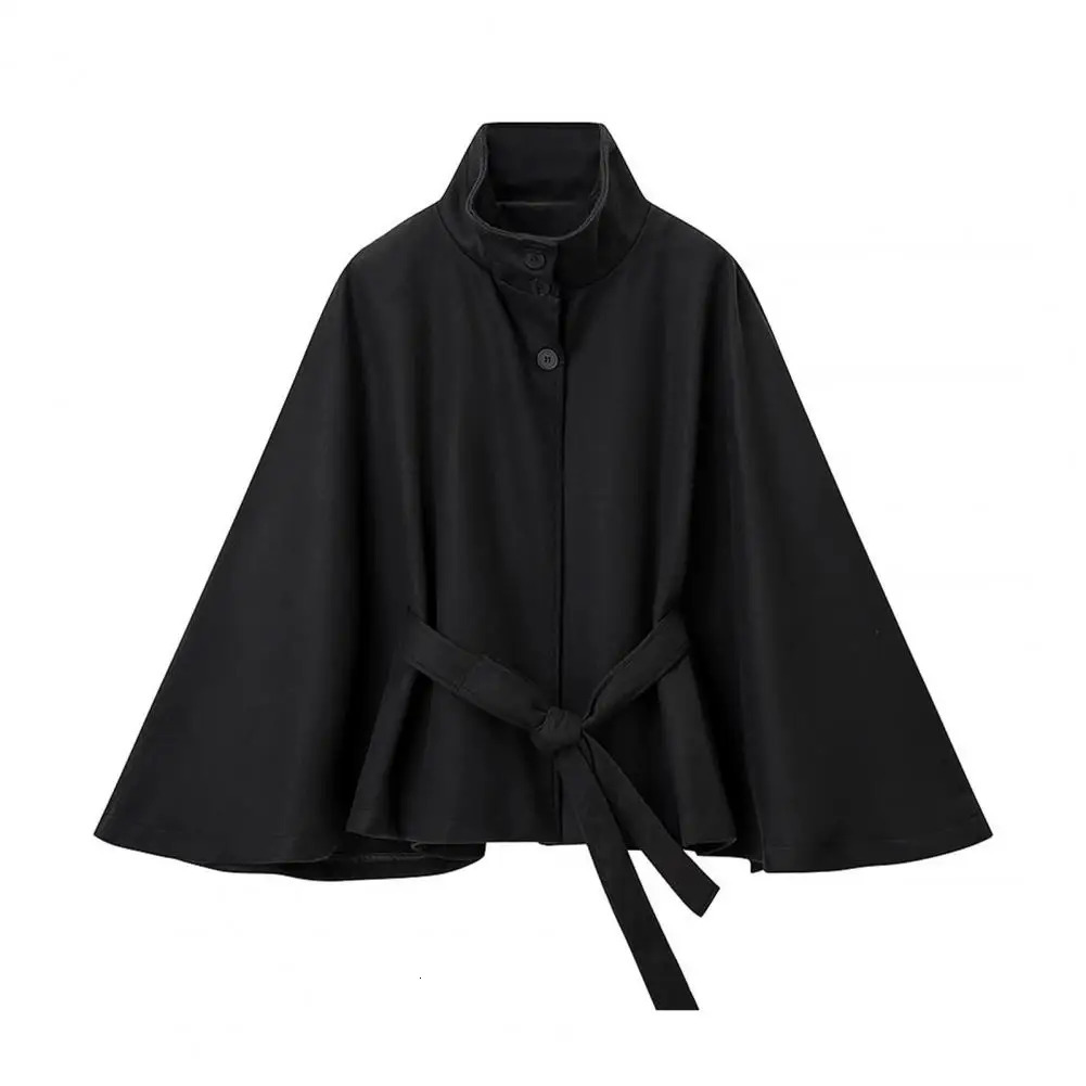 Women's Batwing Sleeve Wool Poncho Coat Stand Collar Cropped Cape Jacket with Belt Fall Winter Short Trench Pea 261010