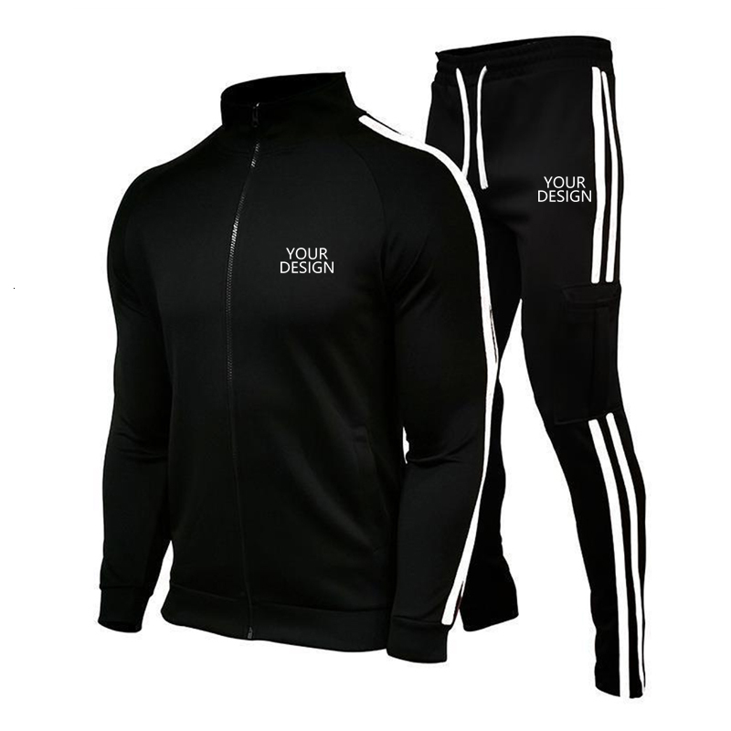 Custom Logo Men's 2 Piece Casual Tracksuit Spring Autumn Zipper Long Sleeve Jacket & Elastic Waist Pants Set for Men