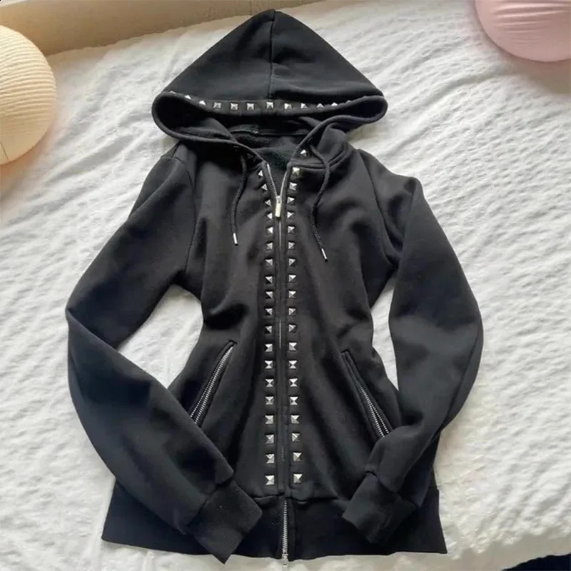 Y2K Emo Fashion Rivet Zipper Hoodie Women Harajuku Black Oversized Gothic Retro Classic Sweatshirt Winter Clothing 261017