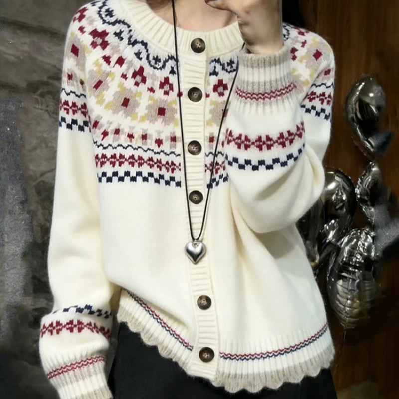 Elegant Fashion Women's Knitted Cardigan Sweater Casual Fit Autumn Winter Style Y2k Fair Isle Pattern Grey Knit Top Jumper 261016