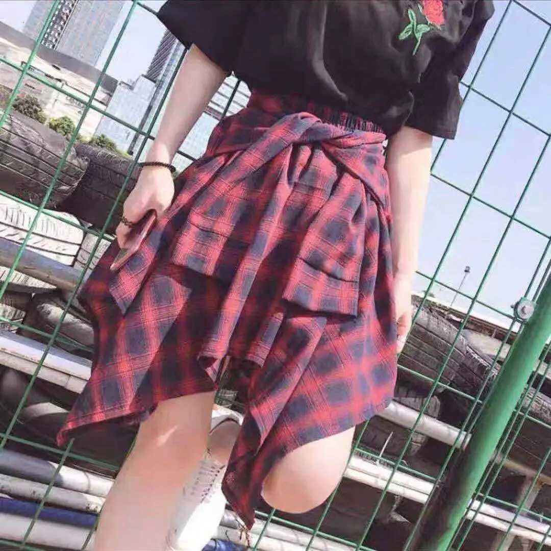 Skirt Skirts New Women Plaid Korean Style All-match Spring Summer Autumn Irregular Staggered Student Dance Skirt Tie High Waist Lady W261017