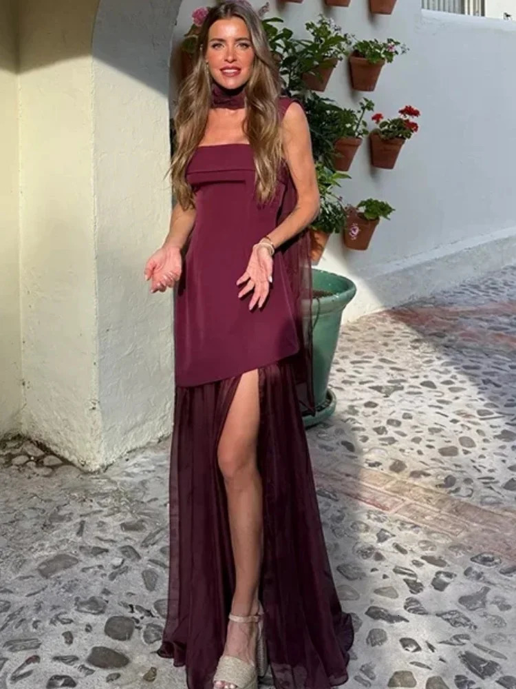 Boho Chic Elegant Mesh Patchwork Sling Dress Sexy Loose Sleeveless Split Scarf Long Dress Female 2026 Party Evening Dresses 261014