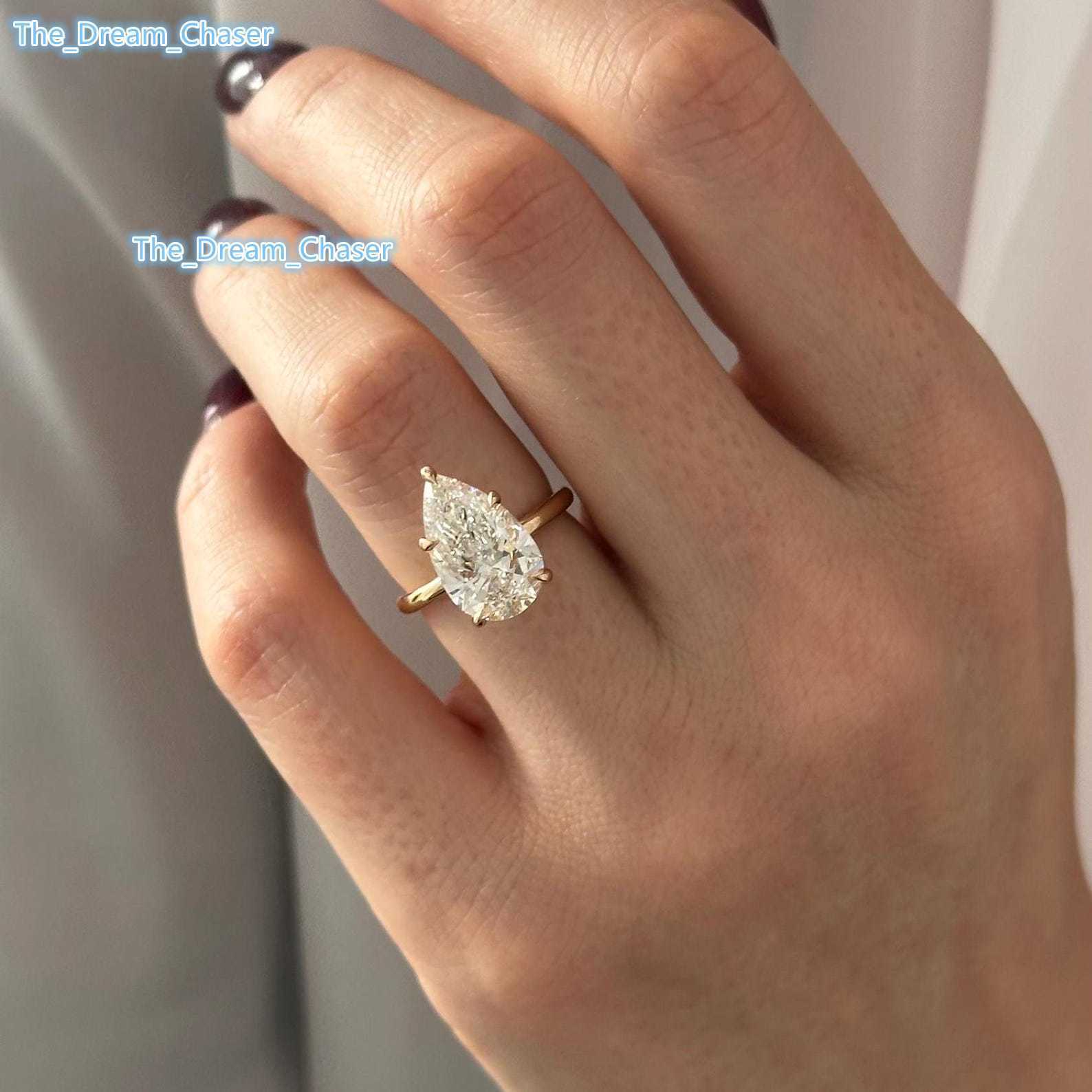 Elongated Pear Cut E VVS2 Lab Grown Diamond 2MM Solitaire Ring Low Set 5 Prong 14k Gold IGI Certified