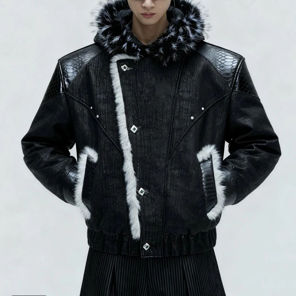 Mens Spring Jacket Pu Leather Patchwork Thickened Faux Fur Hooded Streetwear Fashion Fluffy Niche Top Men'S Clothing 2026 260928