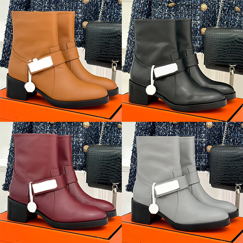 Designer Women Round Head Ankle Boot Glossy Calfskin Luxury Rotate Buckle Metal Booties Suitable Autumn Winter Dinner Banquet Outfit