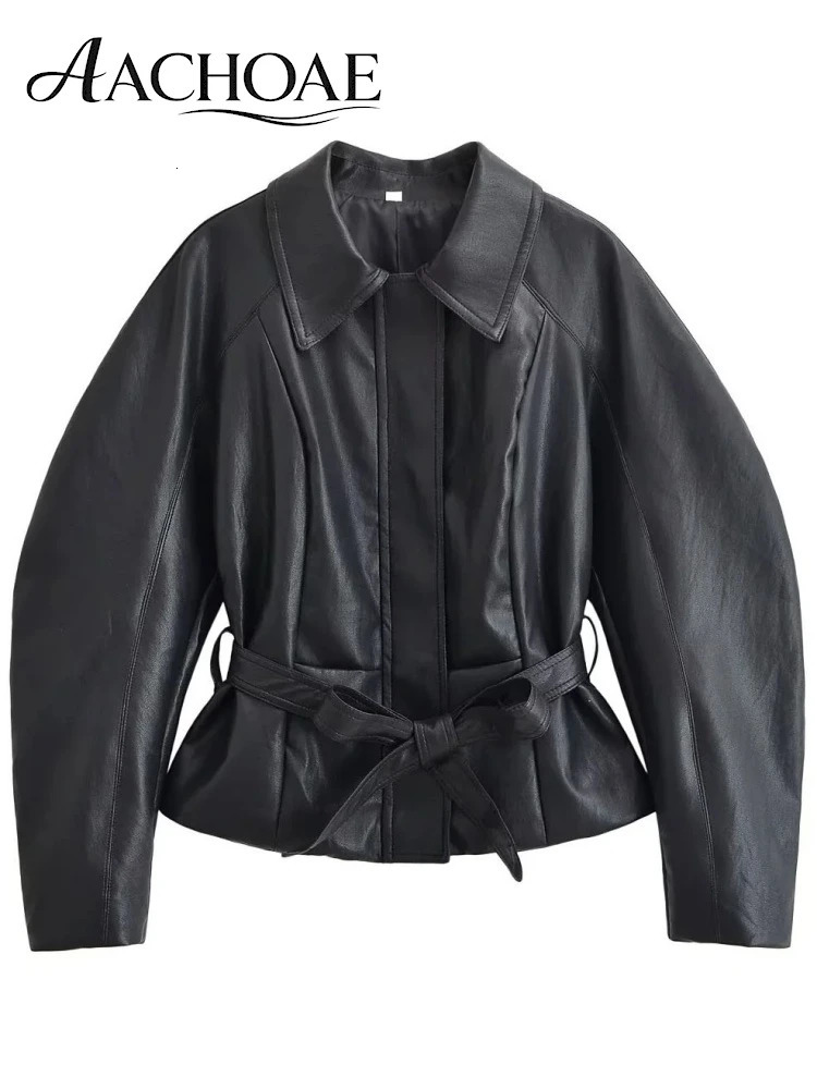 AACHOAE Women Faux Leather Jacket Belted Waist Oversized Moto Long Sleeve PU Coat Casual Spring Autumn Outerwear 260928