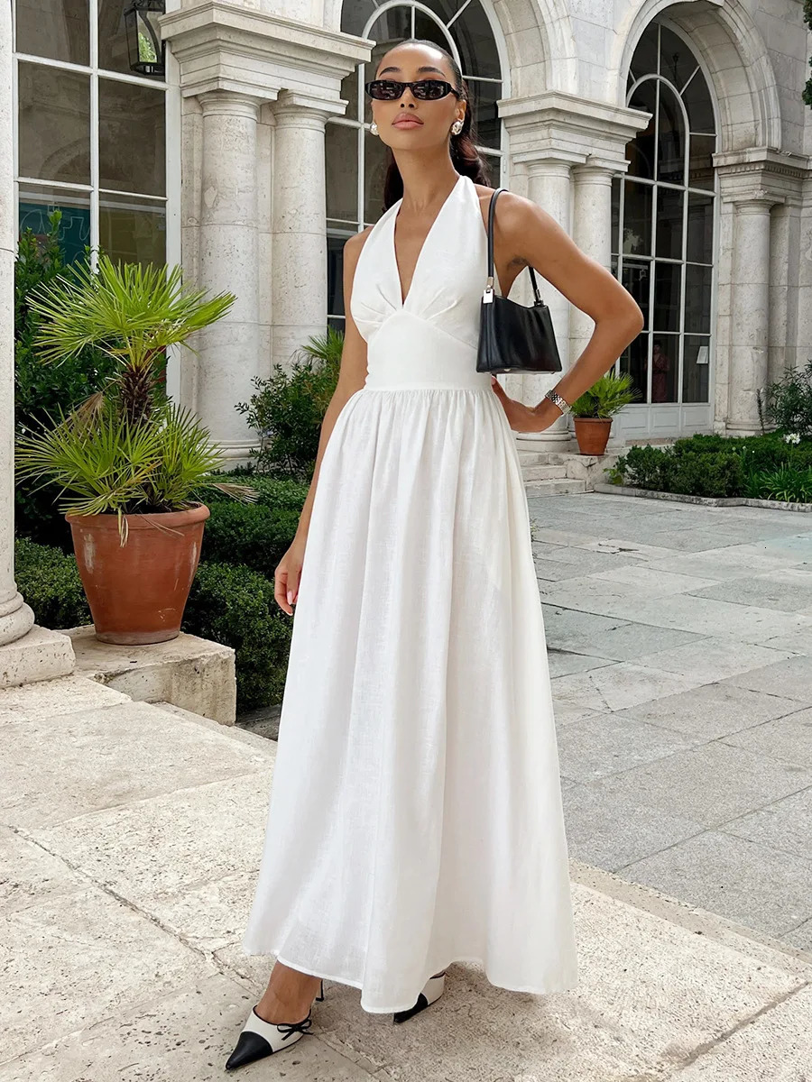 Bornladies Spring Summer Women's Cotton Camisole Dress Female Waist Cinched V-neck Long Dress Fashionable Oversized Dress 261014
