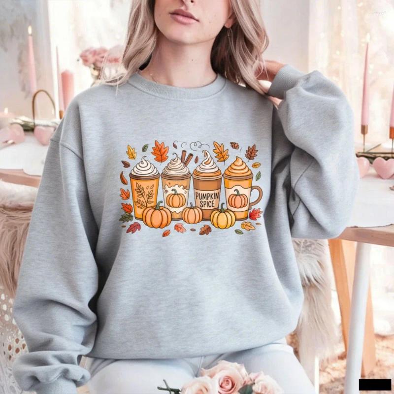 Retro Cute Pumpkin Spice Latte Sweatshirt Cozy Autumn Leaves Coffee Cups Vintage Graphic Print Pullover Unisex Women Winter Tops