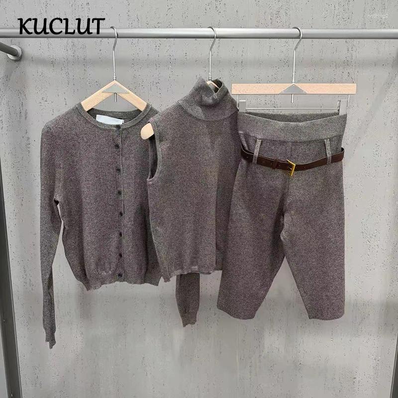 Autumn Fashion Knitted Cardigan Vest With Belted Mid-Length Pants Woolen Slim Fit Three-Piece Set For Women 1A4707