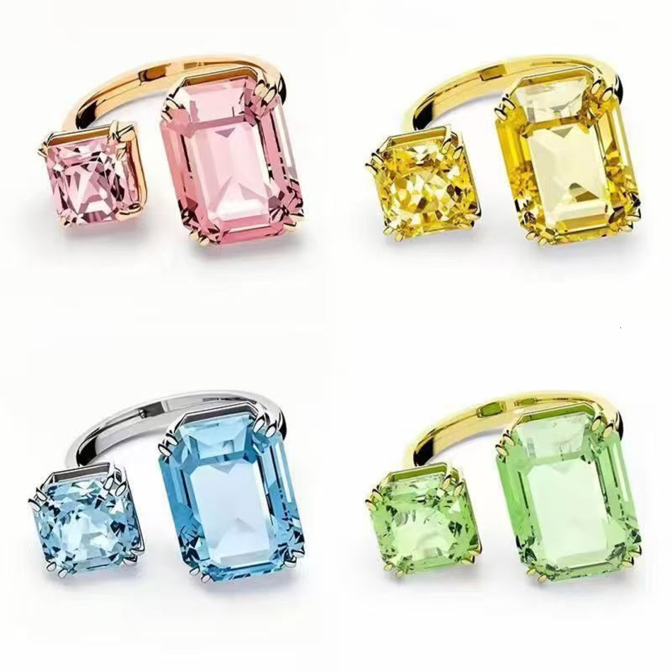 2026 New Luxury Ice Cube Rectangle Blue Pink White Green cologne Ring For Women perfume Open Size Love Nail Rings Jewelry Cz Zircon Stone 18K Gold P