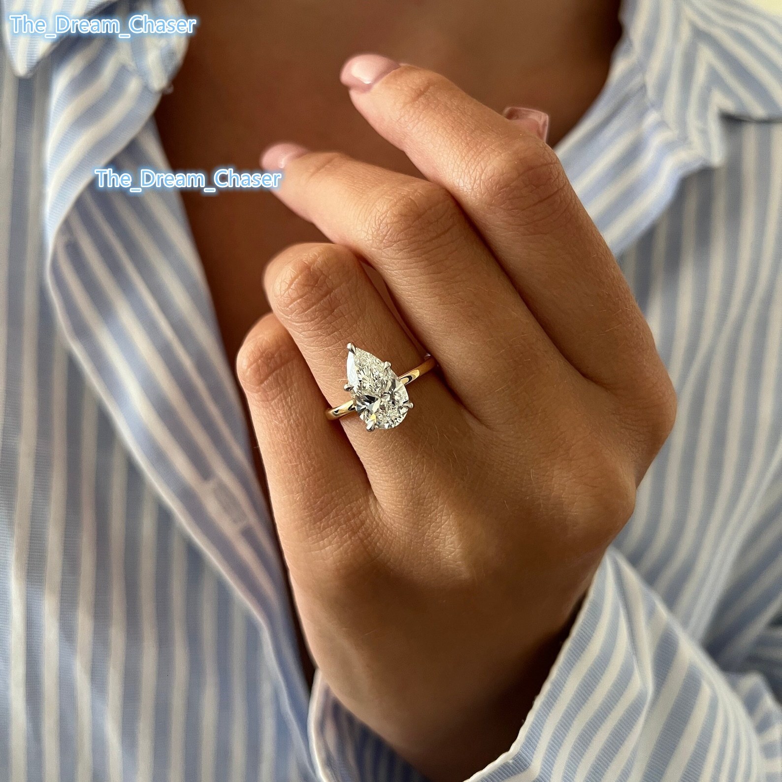 3ct Elongated Pear Cut Lab Grown Diamond Solitaire Ring CVD Diamond Thin Two Tone White Prongs Engagement Ring IGI Certified
