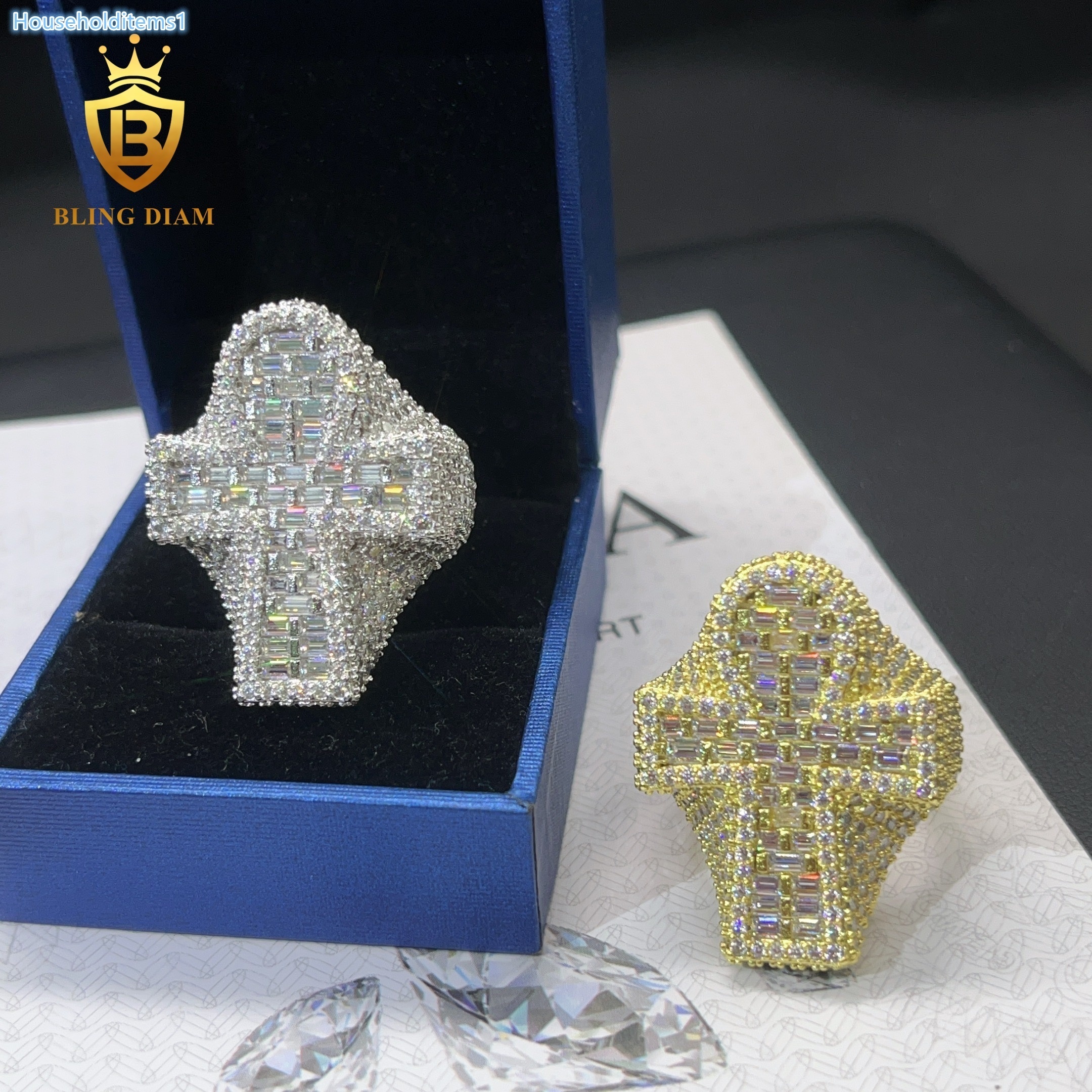 Iced Out Gold Plated baguette Cut Moissanite Cross Ring 925 Silver Pass diamond Tester Men Ring Hip Hop Rapper Jewelry in Stock