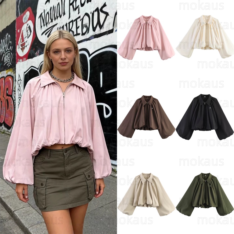 New Arrival Women's Casual Loose Fitting Pleated Turn Down Collar Zipper Long Sleeve Jacket Balloon Sleeve Short Bomber Jacket Top Fashionable