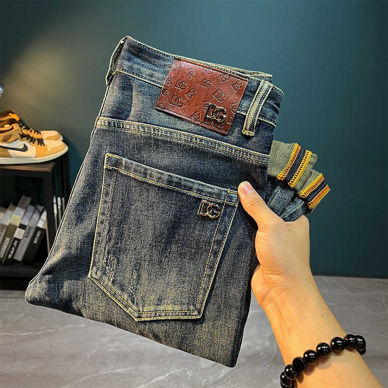 designer Men's Jeans High-Quality European Style Autumn Winter men Jeans Retro Blue Slim Straight Stretch Washed Casual Long Pants KGQZ