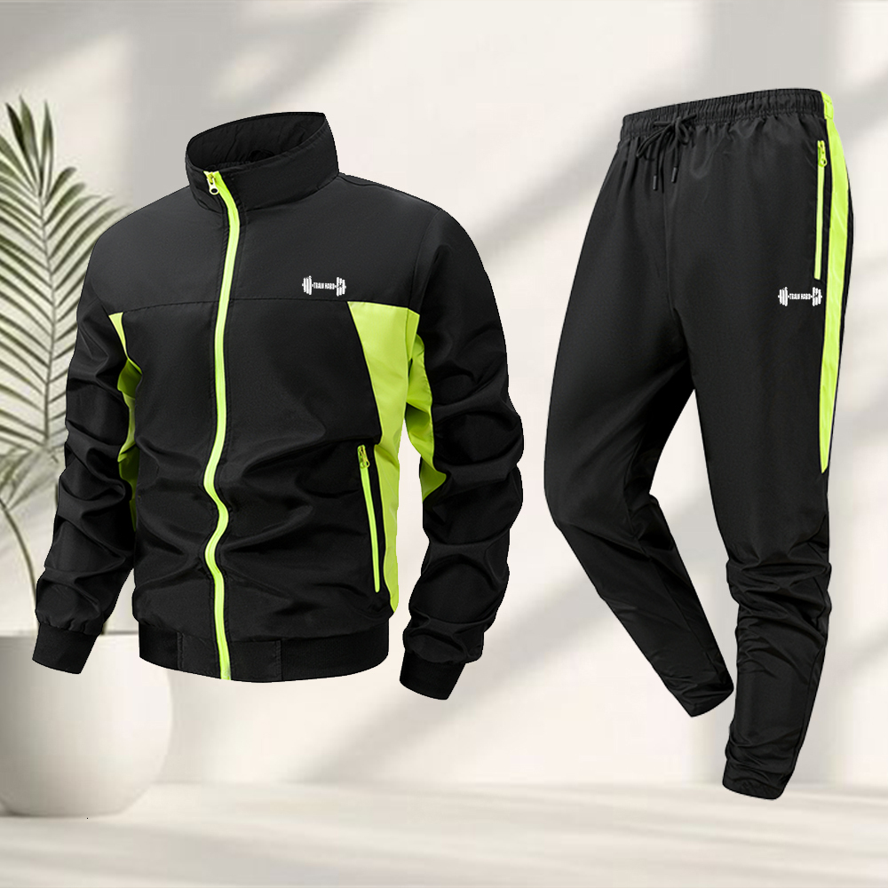 Men's Trendy Dumbbell Print Sports 2 Piece Set Zipper Jacket And Drawstring Pants Spring Autumn Casual Running Cycling Suit
