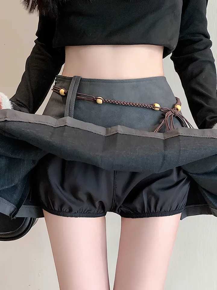 Pleated Skirts Vintage PU Leather Mini Skirts for Women High Waist A-Line Skirt Y2K Retro Fall Skirt with Safety Shorts W261017