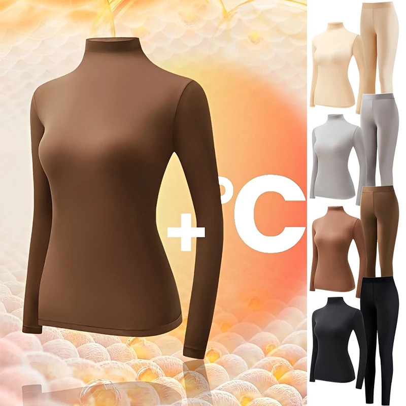 FINETOO Women High Neck Thermal Underwear Set Ultra Thin Seamless Skinbeauty Clothes Stretch Warm Base Layer For Ladies 261012