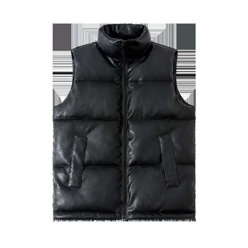 Solid Men's Black Vests Men's Color Casual Trendy Simple Basic Stand Collar Sleeveless PU Quilted Vests Male Winter Autumn New Fashion Coa