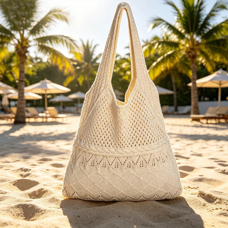 Solid Color Knitted Bag Hollow Woven Embroidered Shoulder Bag Soft Handbags Knitted Wool Hand-Held Bag Gift For Women 261013