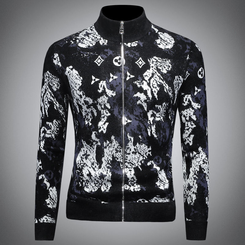 New Men's high-end jacquard jacket men's zipper cardigan top trendy autumn clothing ruffian handsome stand-up collar