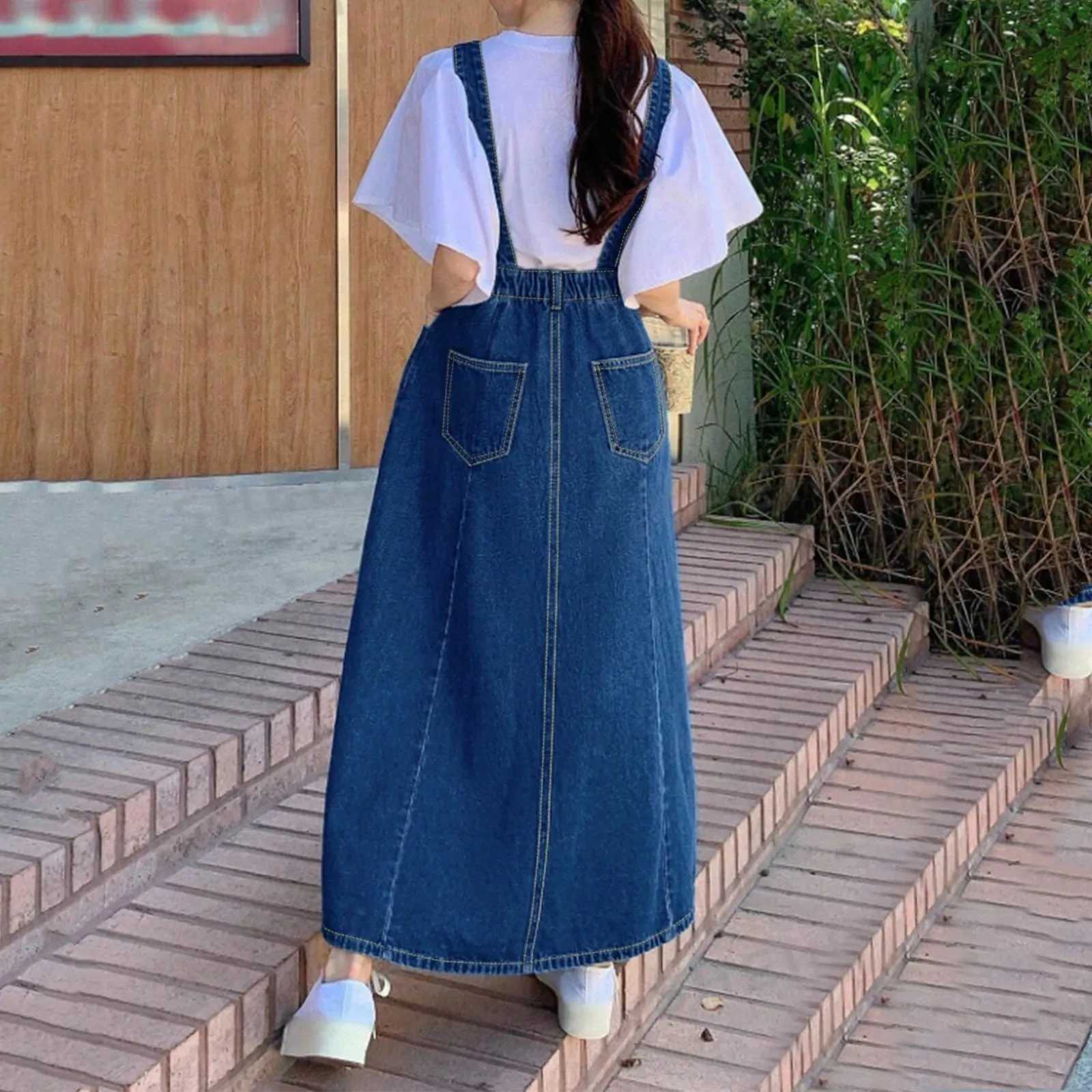 Denim Women Skirts Suspender Fashion Skirt Spring Summer Causal Strap Female High Waist A-line Solid Lace-up Woman Skirt W261017