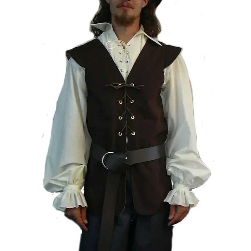 Vests Gothic Men Pirate Men's Renaissance Waistcoat Vintage Bandage Medieval Sleeveless Vest Wild Suede Strap V-neck Loose Male VestW261017