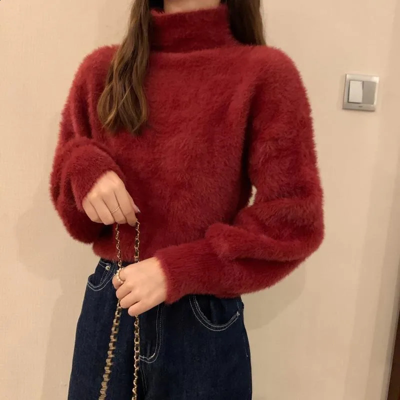 N2025 Winter Mink Wool Fleecing Female Turtleneck Elastic Casual Sweater Women Knitted Tops Pullovers Soft Warm 261008