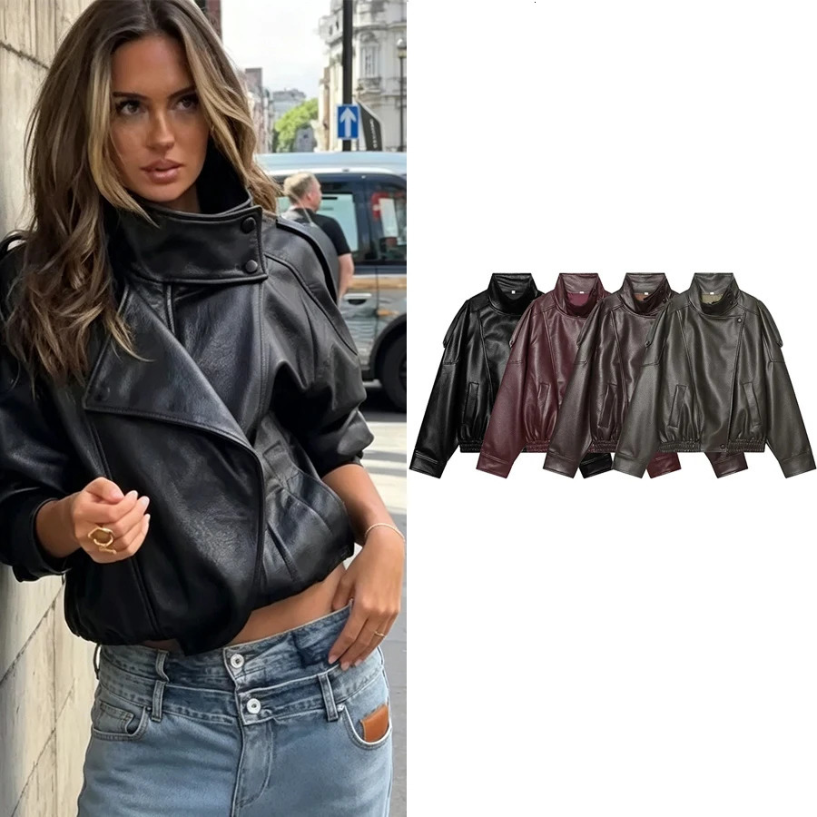 Women Jacket 2026 Autunm Black Long Sleeve Faux Leather Motorcycle Style Personality Fashion Lady 261009