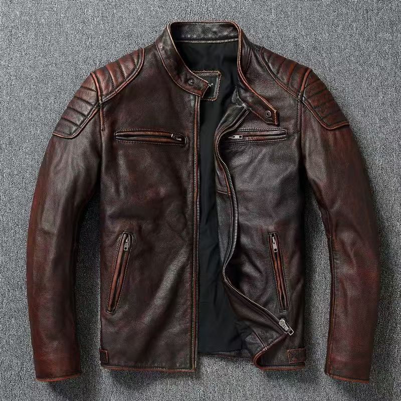Designer Jacket Luxury New Men's Cowhide Pattern Stand Up Collar Lapel Slim Fit Motorcycle Suit For Middle Aged And Young People Retro No Iron