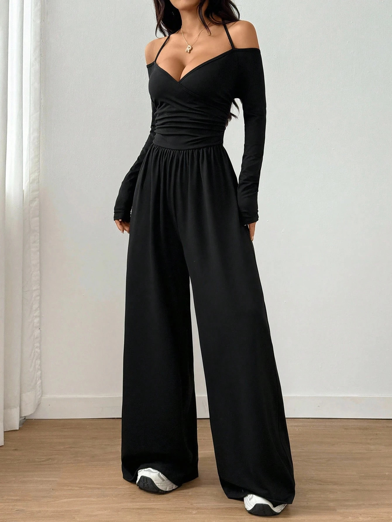 Women Halter Off Shoulder Jumpsuit V Neck Ruched Waist Long Sleeve Wide Leg Romper 261015