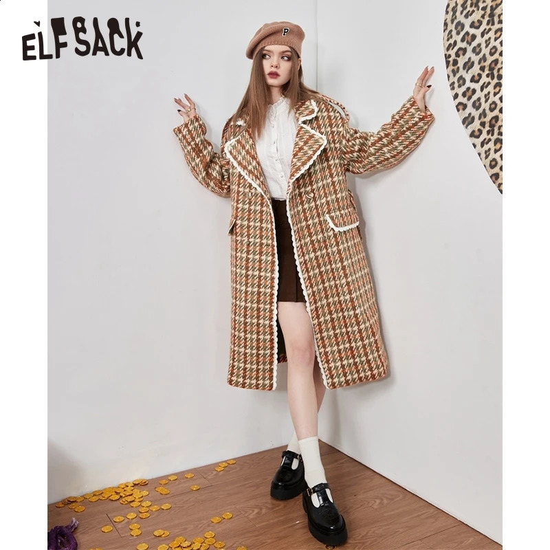 ELFSACK Women's Tweed Wool Coat Elegant MidLength Winter Outerwear Classic Style Warm Ladies' Jacket 261016