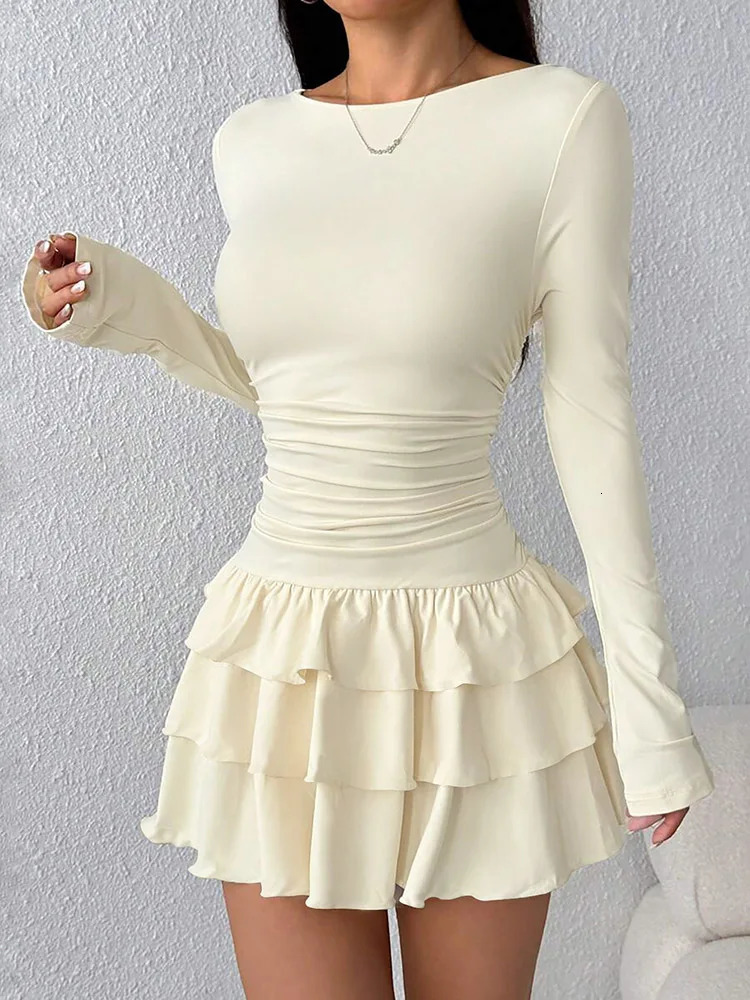 Autumn Winter Solid Color Slim Fit Cascading Ruffles Mini Dress Women Elegant Flare Sleeve High Waist Sexy Party Bodycon Dresses 261015