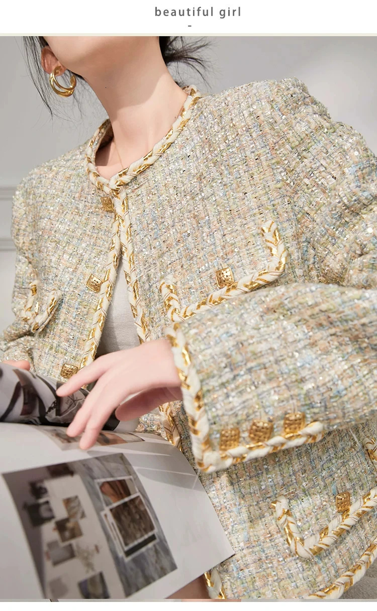 Women Tweed Jacket Gold Shimmer Cropped Coat Vintage Elegant y Outerwear French Style Spring Autumn jacket and shorts set 261014