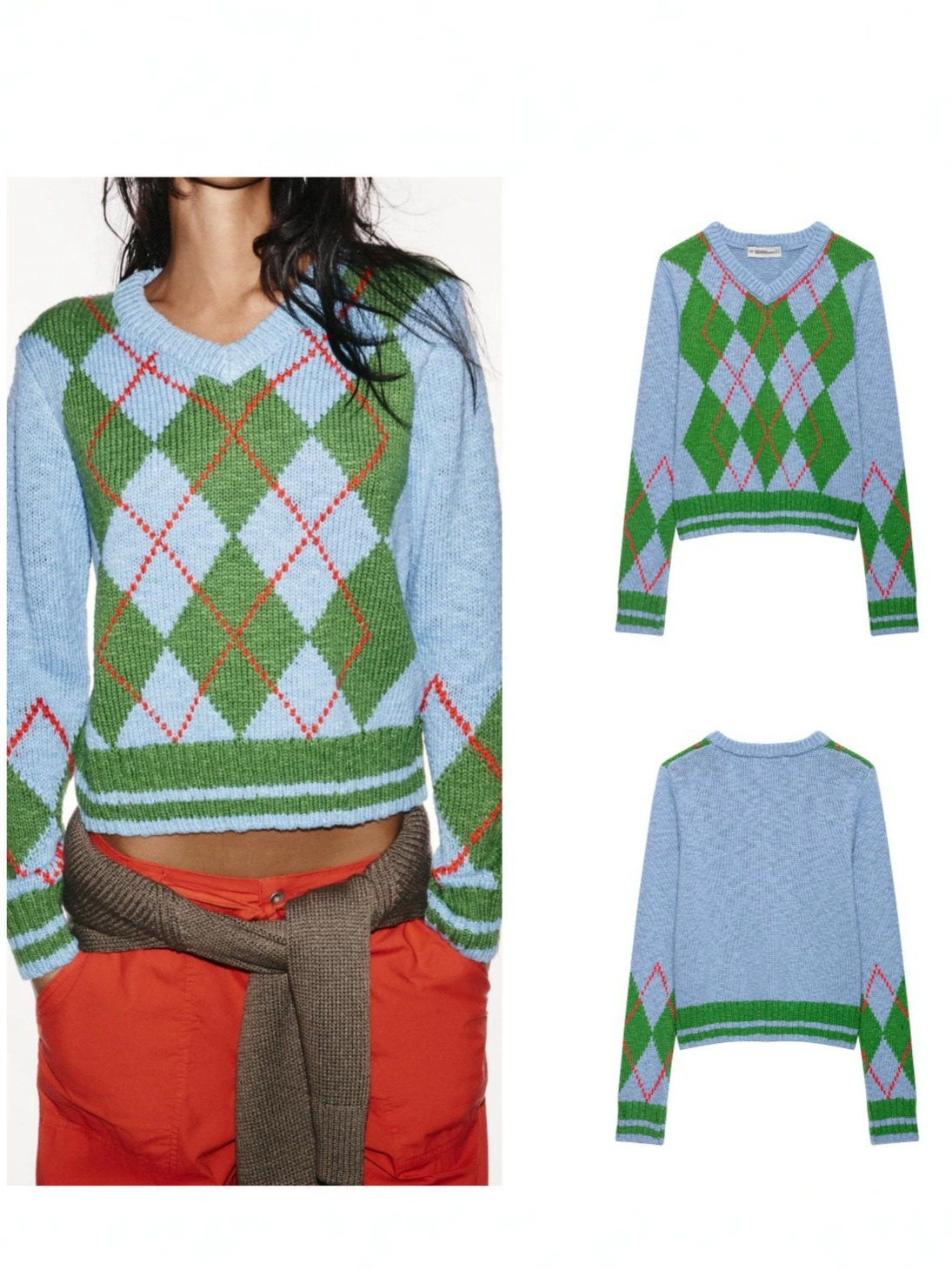 Autumn new arrivals for women in Europe the US: sweet and stylish color-block long-sleeve V-neck diamond-patterned ribbed knit sweater