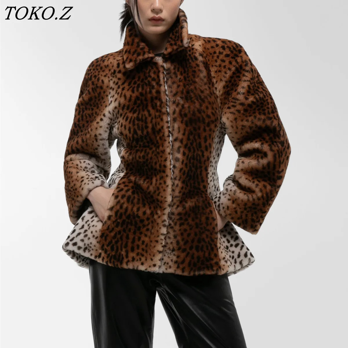 TOKO 2026 Women Leopard Print Faux Fur Jacket Turn Down Collar Flared Hem Long Sleeve Soft Fit Warm Winter Outerwear 261016