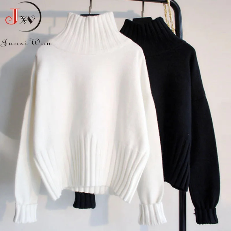 Women Turtleneck Sweaters Autumn Winter Long Sleeve Thick Jumpers Solid Black White Casual Soft Warm Sweater Pull Femme Pullover 261008