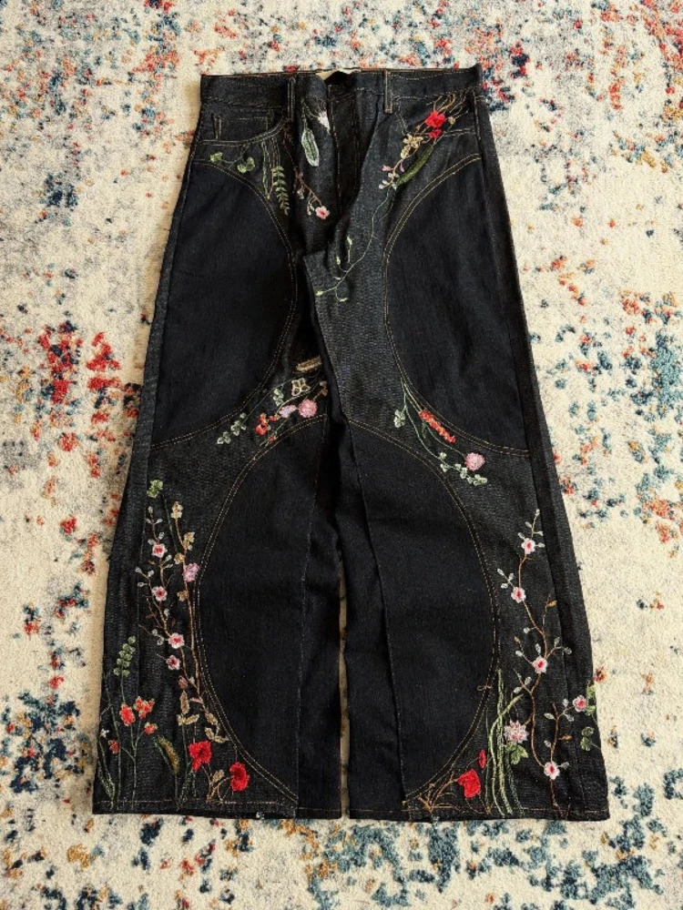 HOUZHOU Y2k Floral Embroidery Vintage Women Men Jeans Harajuku Black Washed Wide Leg Oversized Denim Pants Casual Streetwear 260911