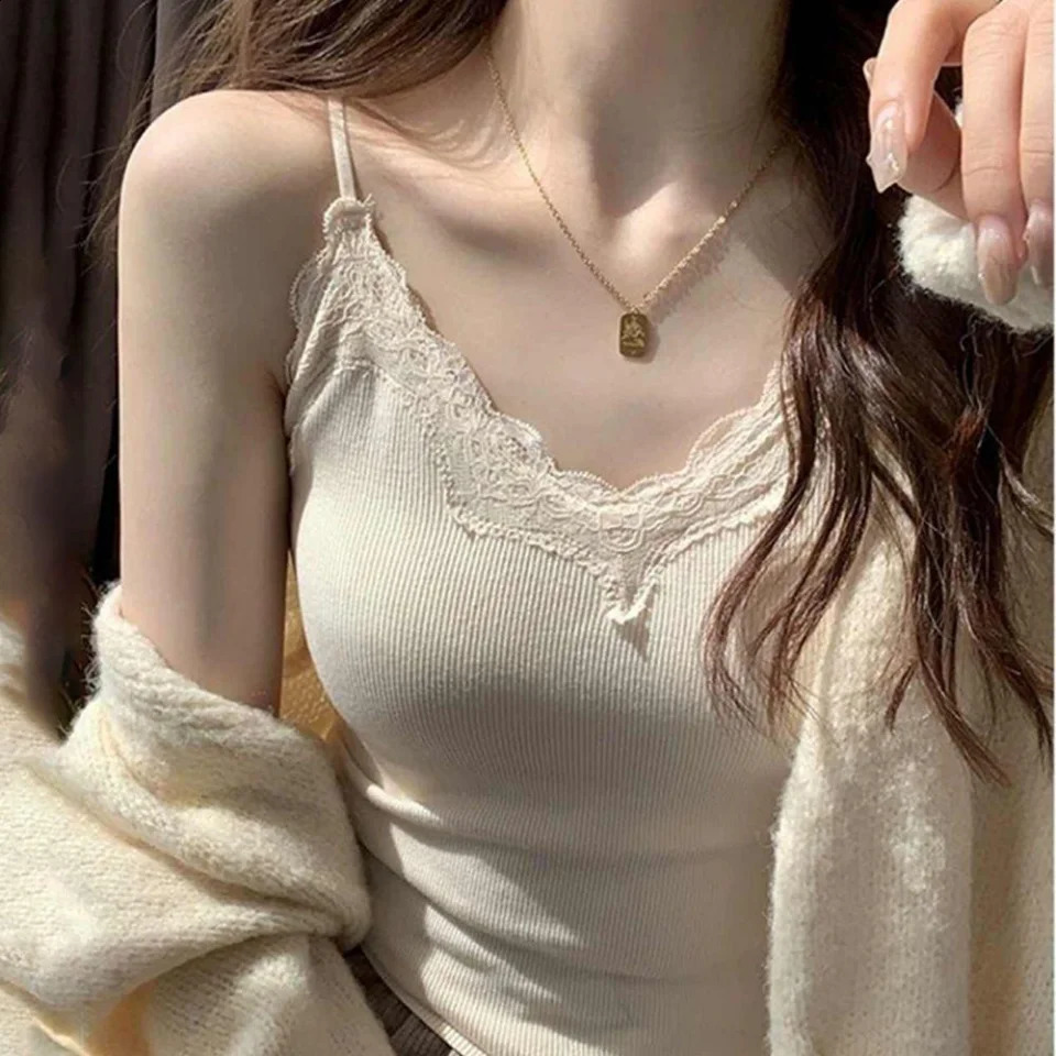 Sexy Lace Innerwear Vest Women's White Undershirt Slim Spaghetti Strap Tank Tops Camisole With Padded Cups Sleeveless Base Layer 261016
