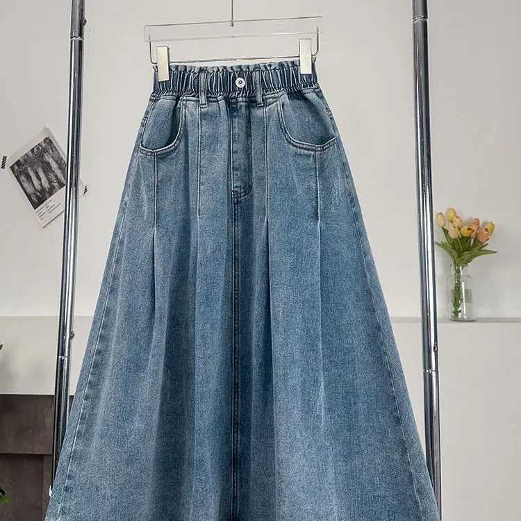 Mid Skirts Women Denim Skirts Length Skirt A Line Elastic Waist Slim Fit Button Elegant Splice Y2k Streetwear Work Casual Summer 2026 W261017