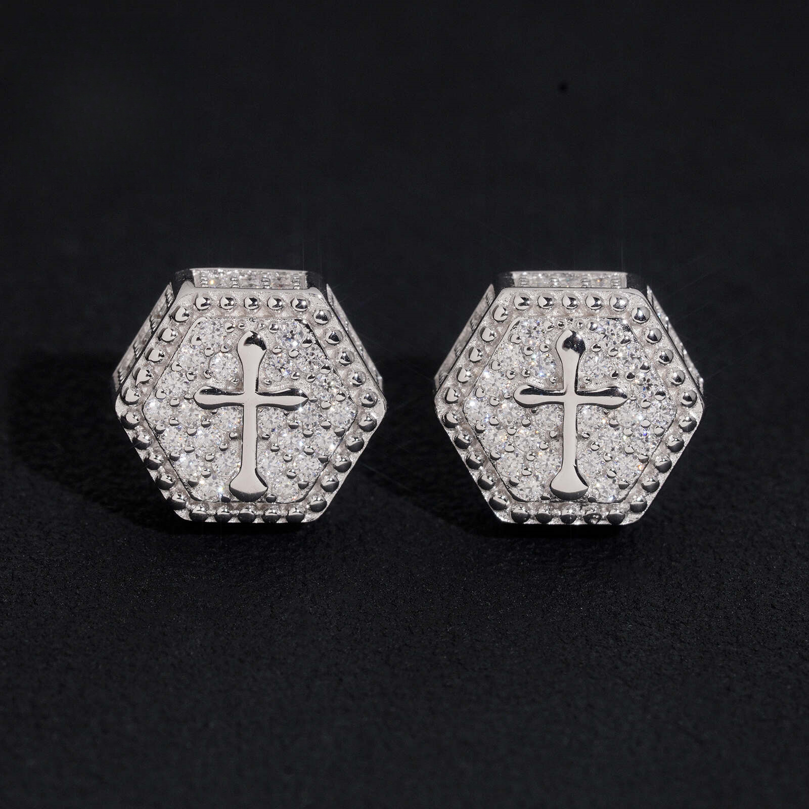 heavy-duty S925 silver moissanite 10mm hexagonal cross earrings, hip-hop style, fully studded with diamonds, wholesale