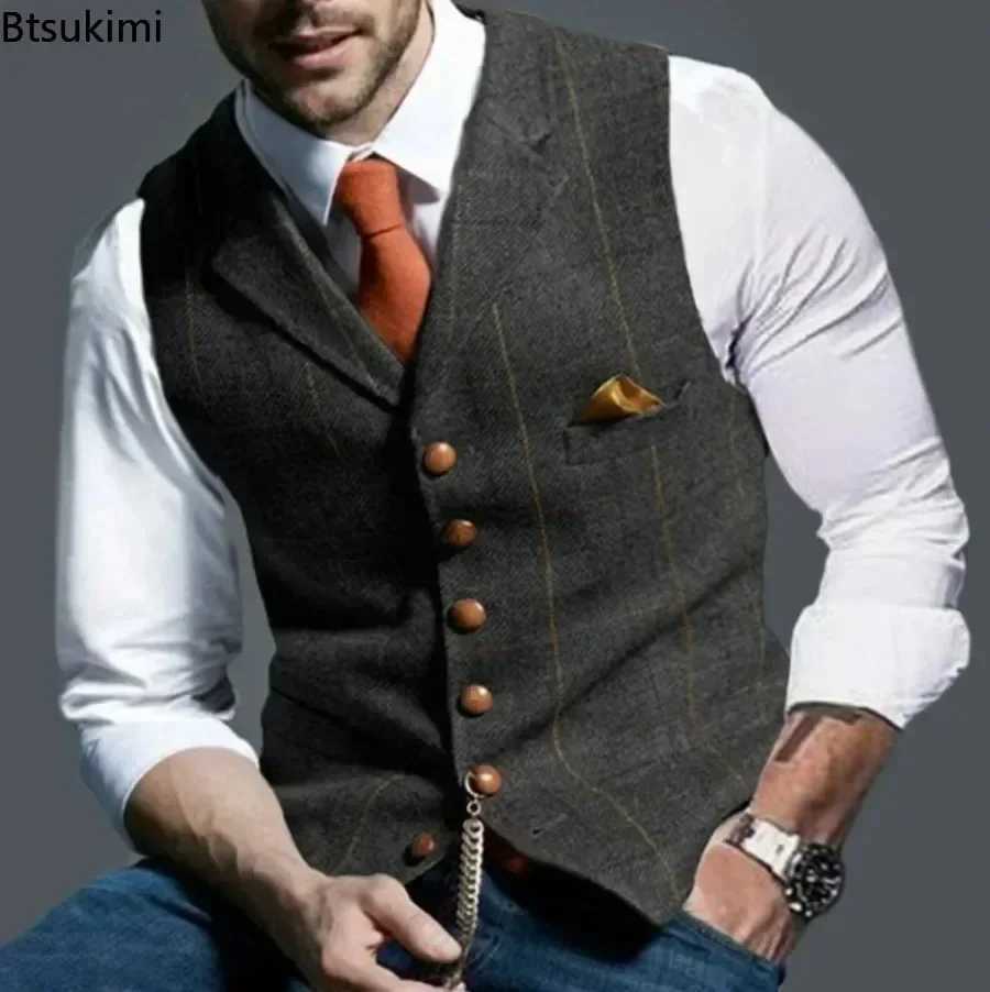 Men's 2026 Men's Formal Vests Vests Lapel Tweed Plaid V-neck Waistcoat Slim Vest Business Formal Dress Suit Casual Wedding Tuxedo Male Ves
