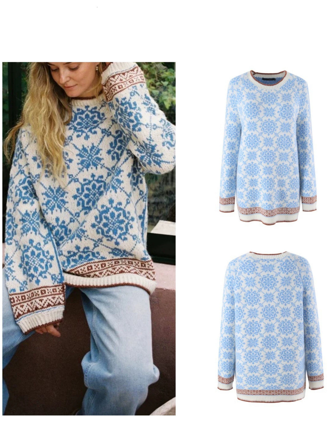 New autumn/winter women's fashion: relaxed-style sweater with round neckline, snowflake pattern, long sleeves, and a blue top