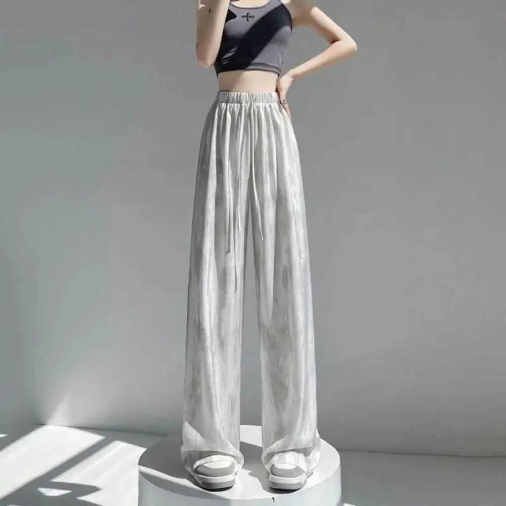 Pants Capris Women's Leggings Women's Fashion Loose Fit Women Ice Silk Pants Straight Leg Breathable Wide-Leg Pants Oversized Wide Leg Tie